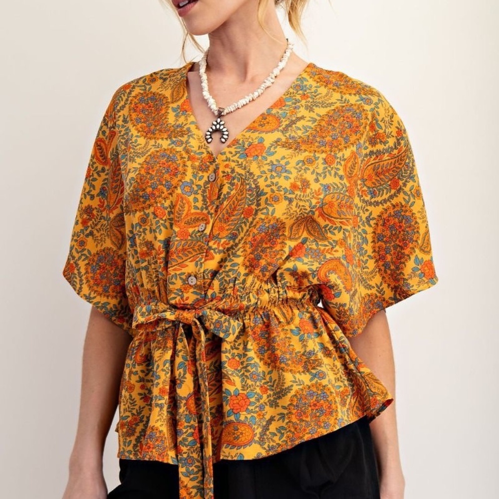 NEW EASEL PAISLEY PRINTED CREPE PEPLUM TOP BLOUSE SMALL BOHO RELAXED FIT - Picture 6 of 7